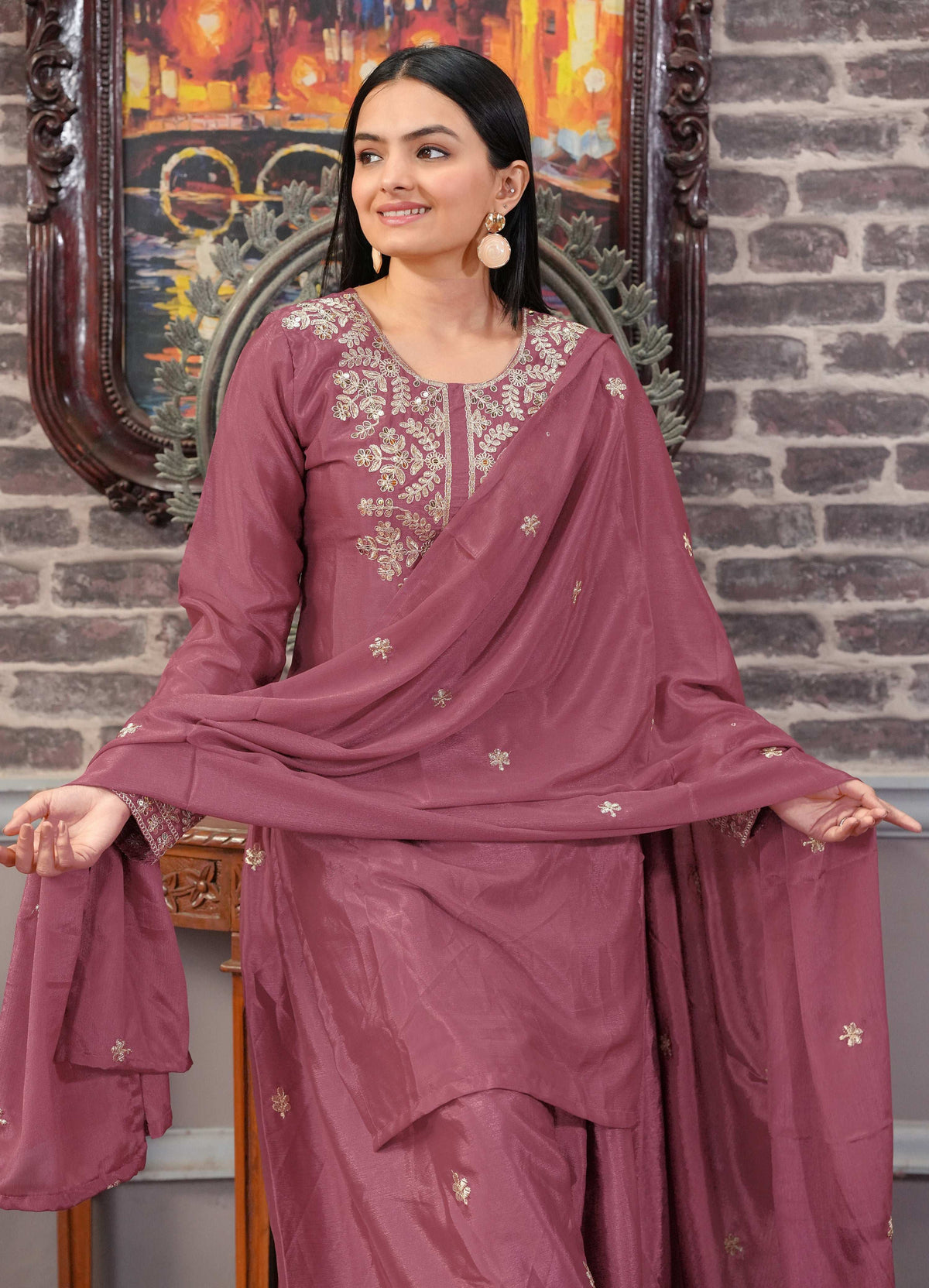 Yash Enterprise Floral Embroidered Chinon Silk Pink Readymade Salwar Suit
