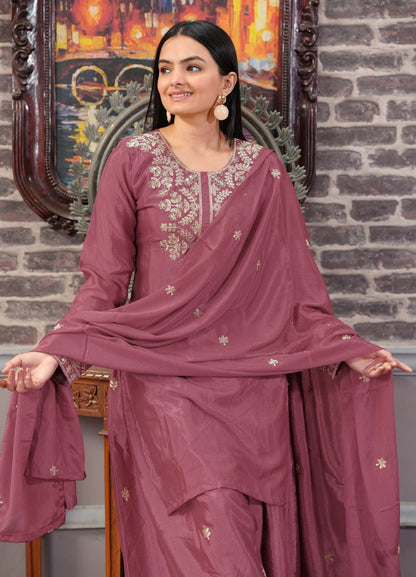 Yash Enterprise Floral Embroidered Chinon Silk Pink Readymade Salwar Suit
