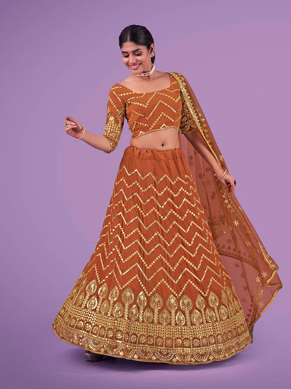 Myra Orange Georgette Embroidered Designer Lehenga