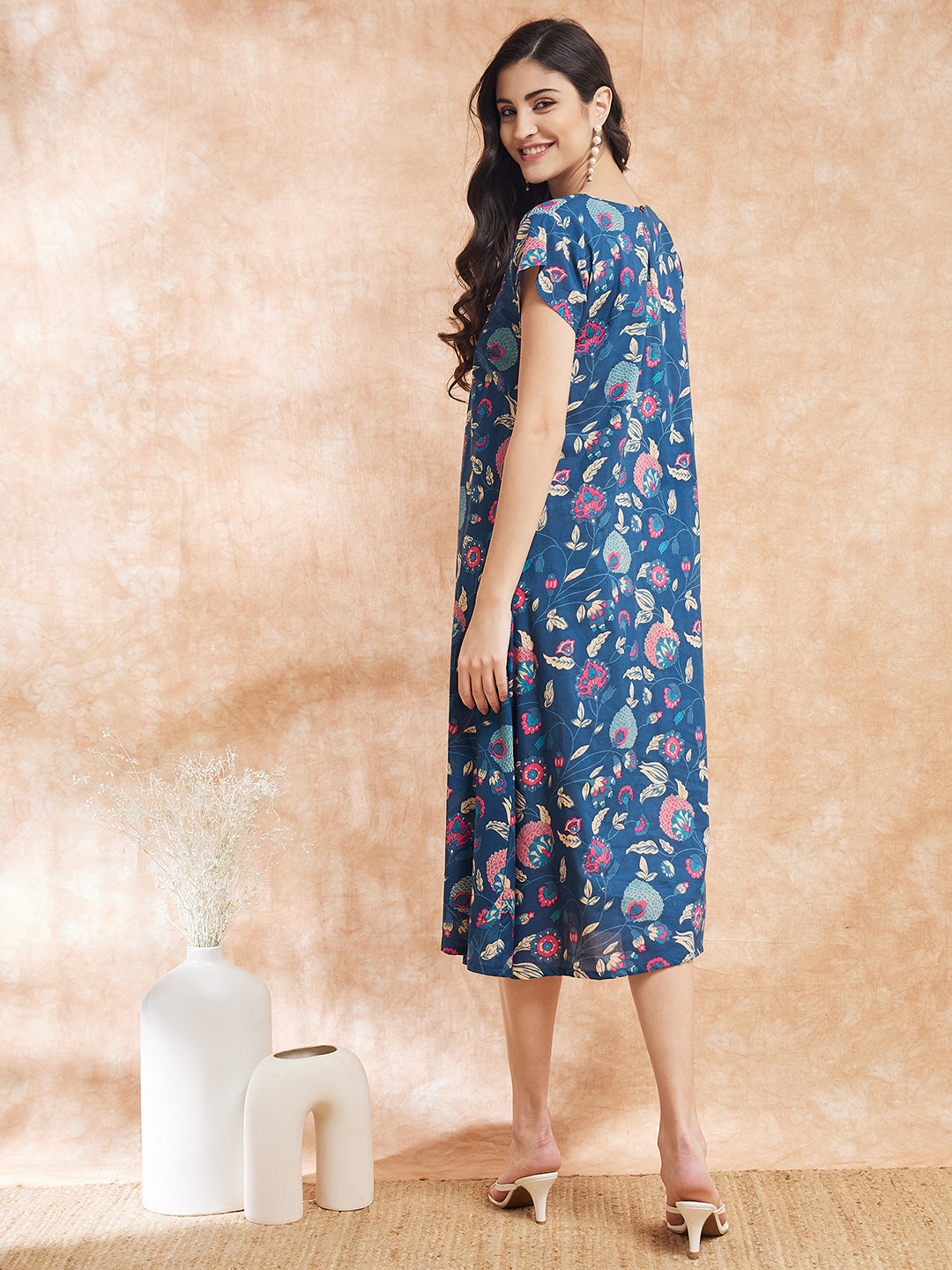 InWeave Women's Blue Pink Kalamkari A Line Dress