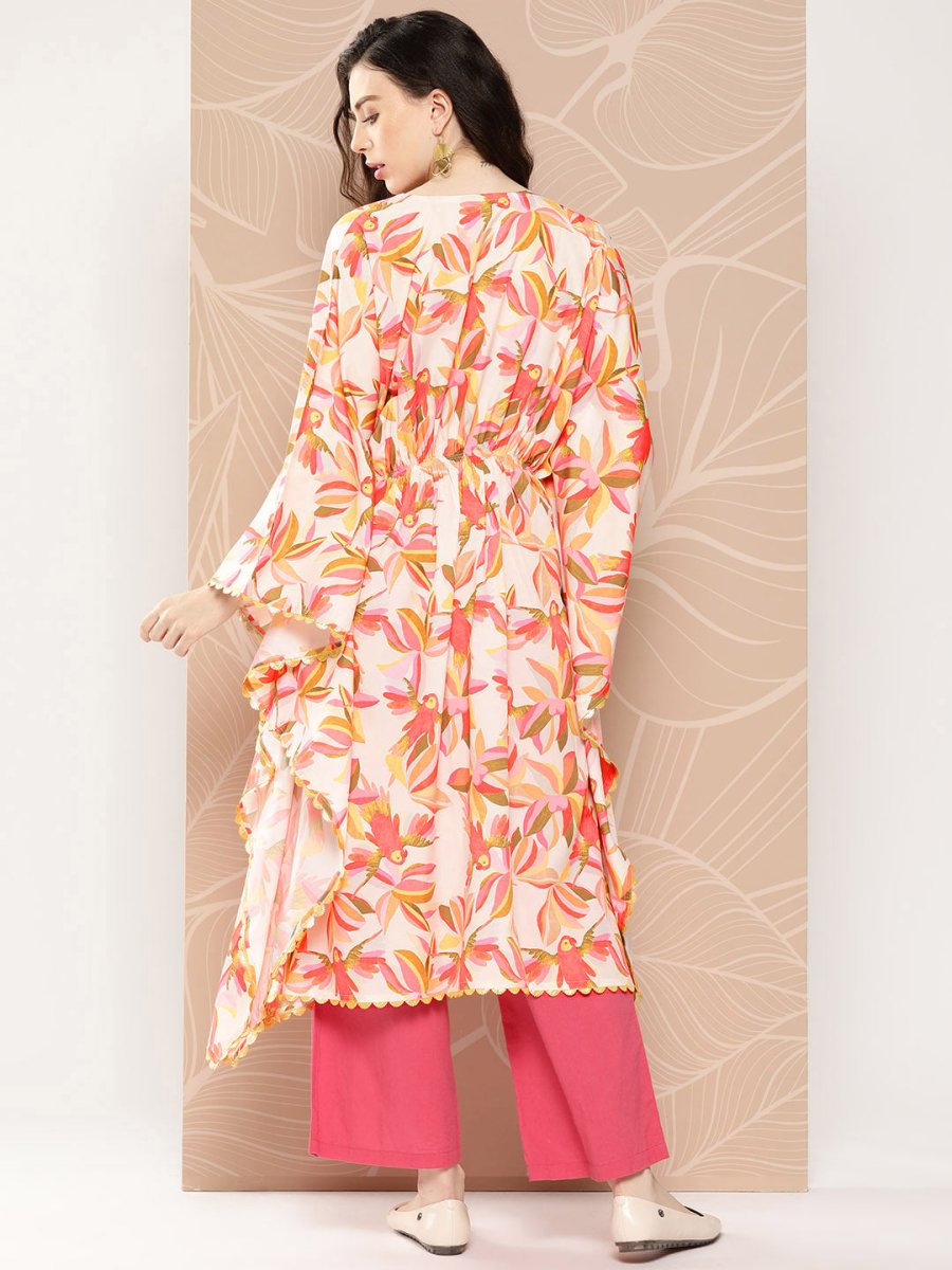 Ahalyaa Women Floral Printed Flared Sleeves Gotta Patti Crepe Kaftan Kurta