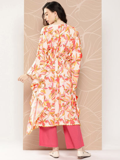 Ahalyaa Women Floral Printed Flared Sleeves Gotta Patti Crepe Kaftan Kurta