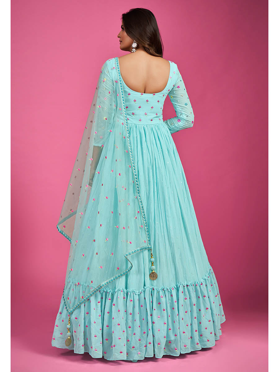 Myra Blue Chinon Silk Embroidered Gown