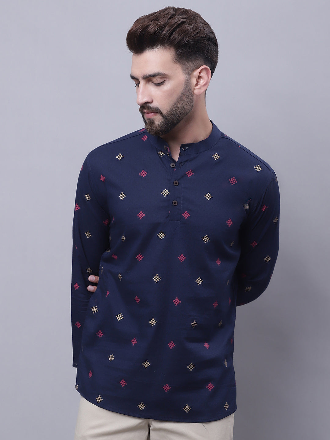 Even Apparels Blue Pure Cotton Short Kurta With Band Collar