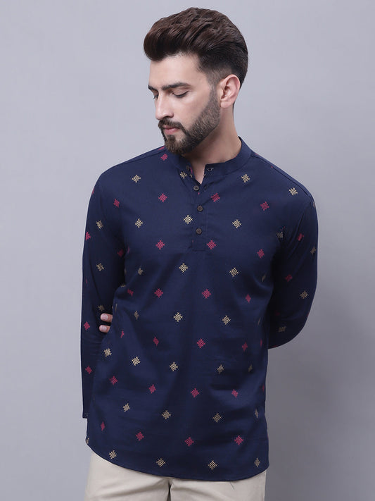 Even Apparels Blue Pure Cotton Short Kurta With Band Collar