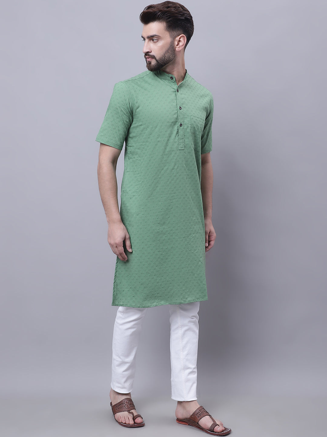 Even Apparels Green Pure Cotton Short Sleeves Kurta With Band Collar