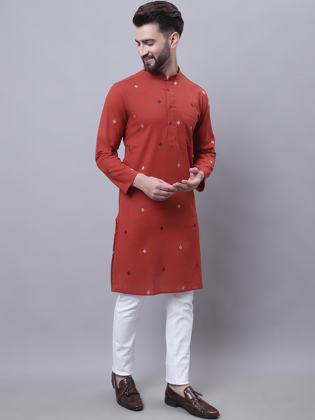 Even Apparels Rust Pure Cotton Kurta With Band Collar