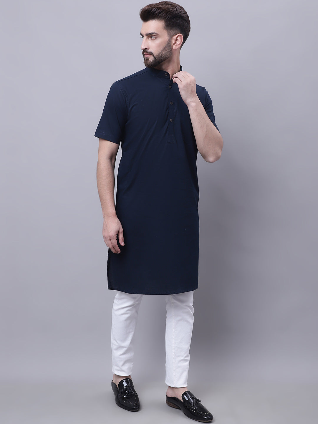 Even Apparels Blue Pure Cotton Short Sleeves Kurta With Band Collar