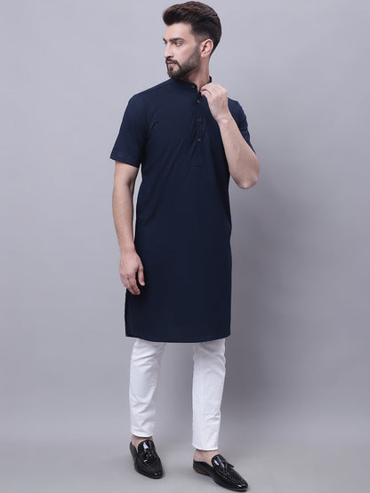 Even Apparels Blue Pure Cotton Short Sleeves Kurta With Band Collar