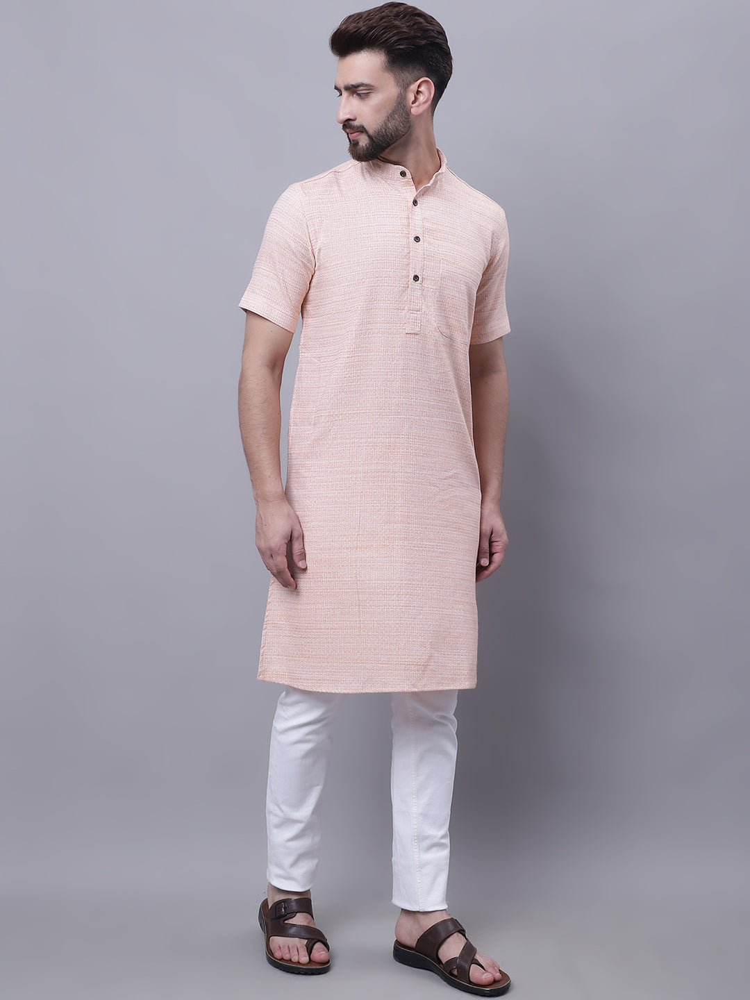Even Apparels Peach Pure Cotton Short Sleeves Kurta With Band Collar