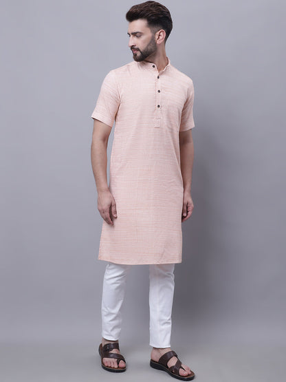 Even Apparels Peach Pure Cotton Short Sleeves Kurta With Band Collar