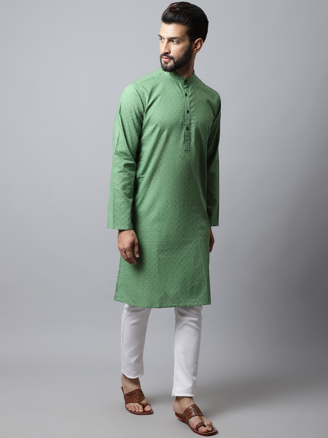 Even Apparels Green Solid Kurta With Band Collar