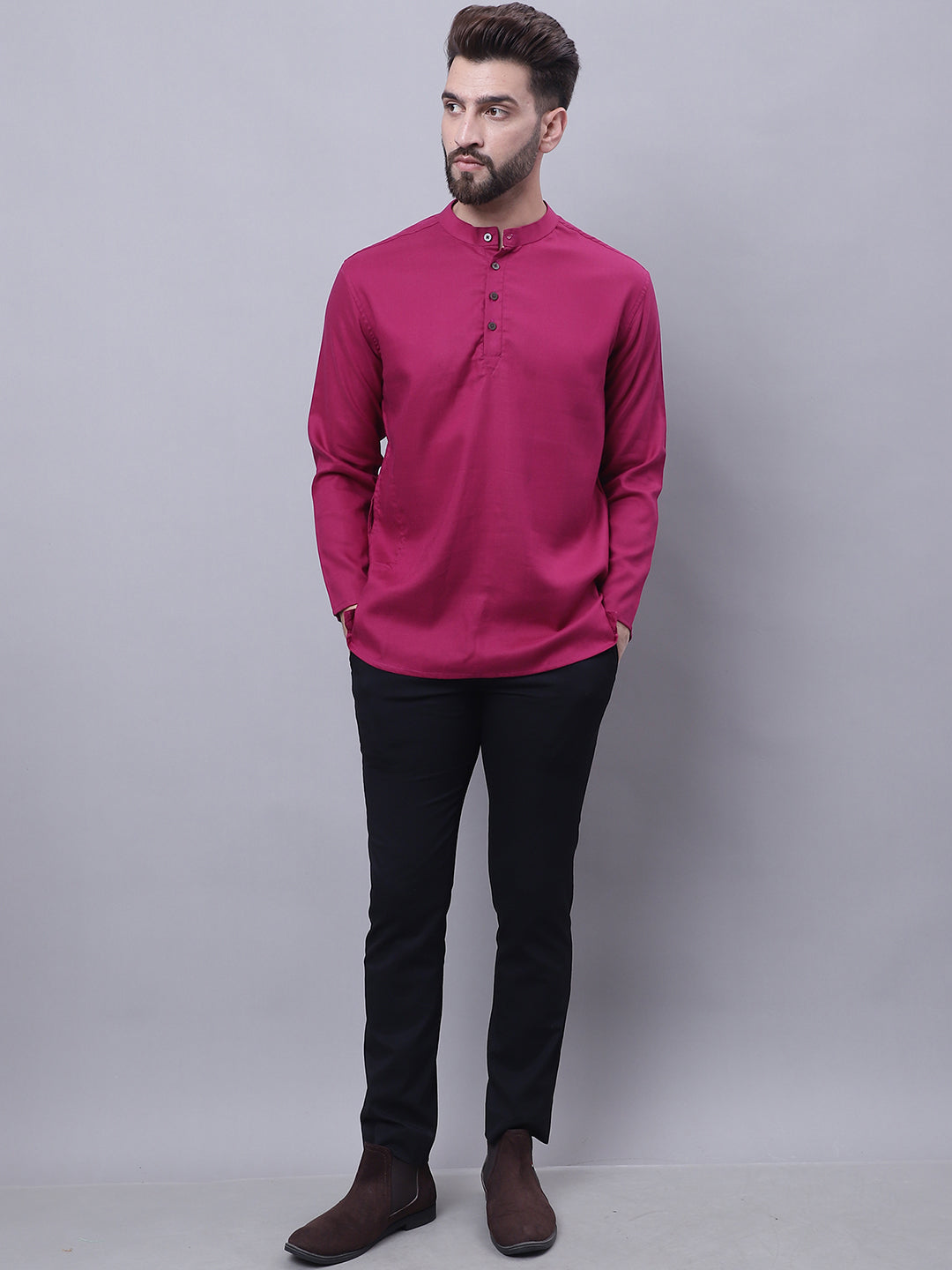Even Apparels Wine Pure Cotton Short Kurta With Band Collar
