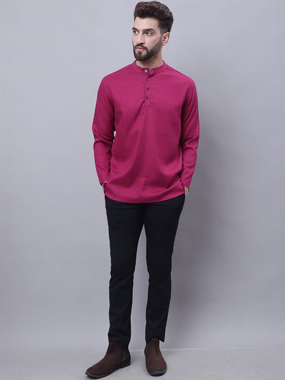 Even Apparels Wine Pure Cotton Short Kurta With Band Collar