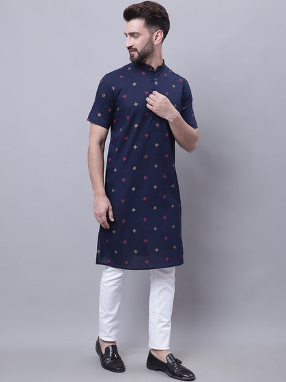 Even Apparels Blue Pure Cotton Short Sleeves Kurta With Band Collar