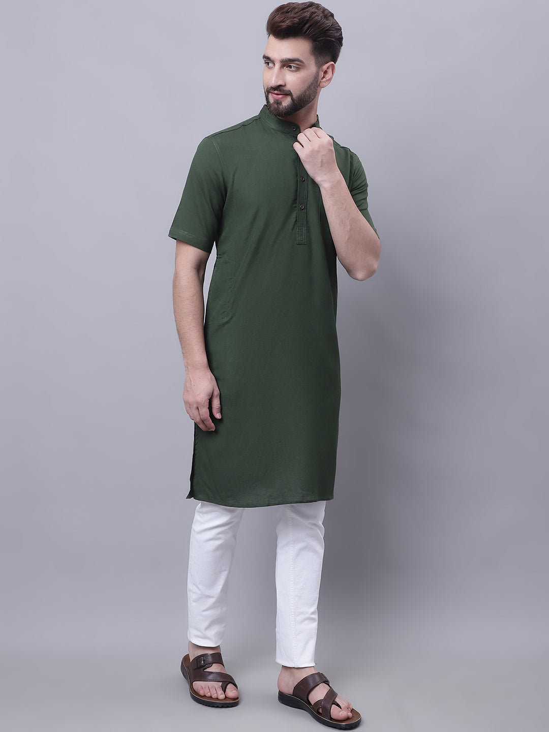 Even Apparels Green Pure Cotton Short Sleeves Kurta With Band Collar