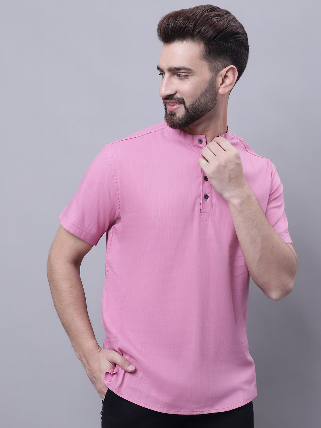 Even Apparels Pink Pure Cotton Short Kurta With Band Collar