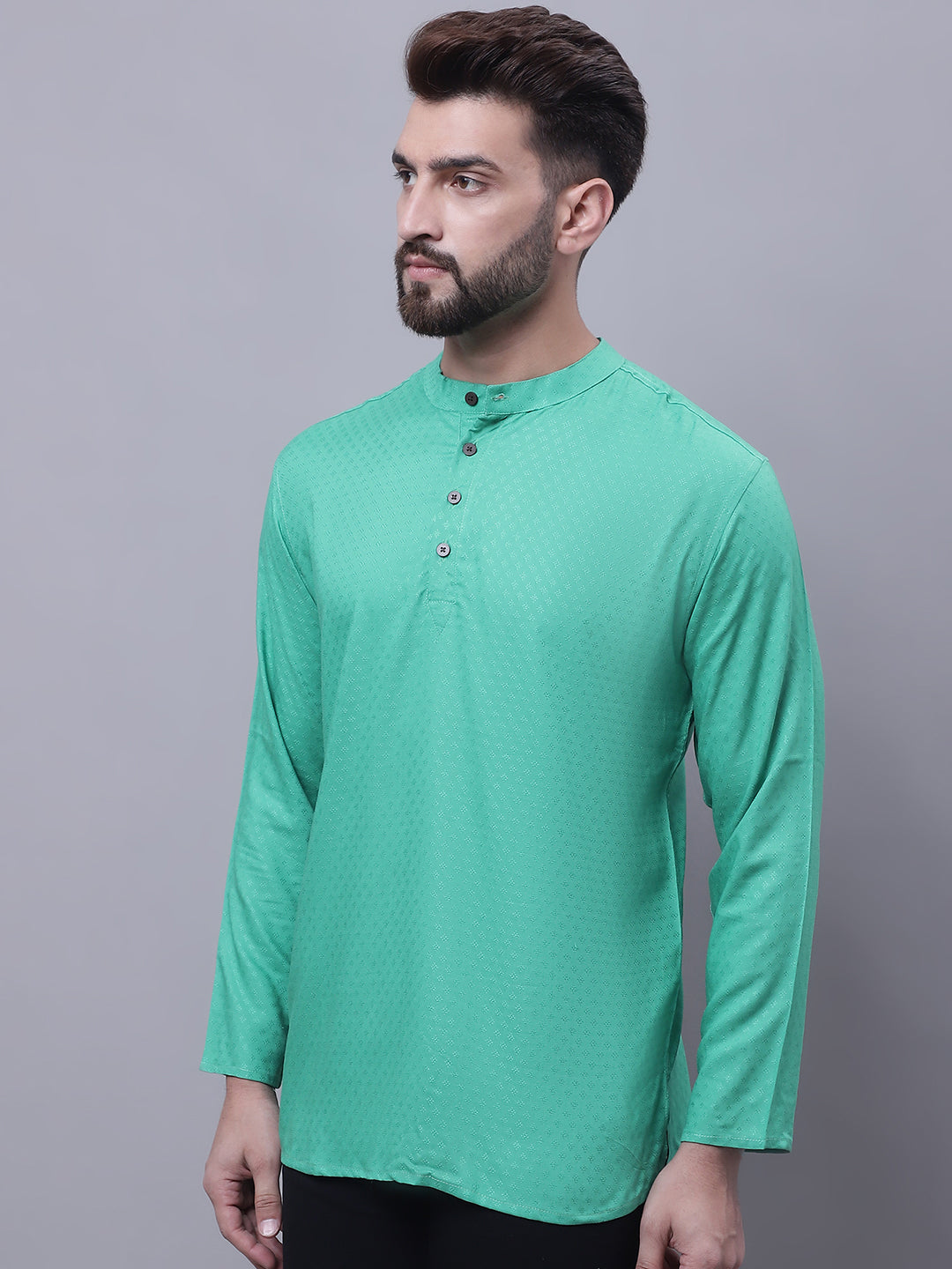Even Apparels Green Pure Cotton Short Kurta With Band Collar