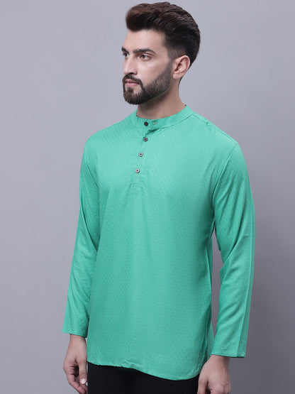 Even Apparels Green Pure Cotton Short Kurta With Band Collar