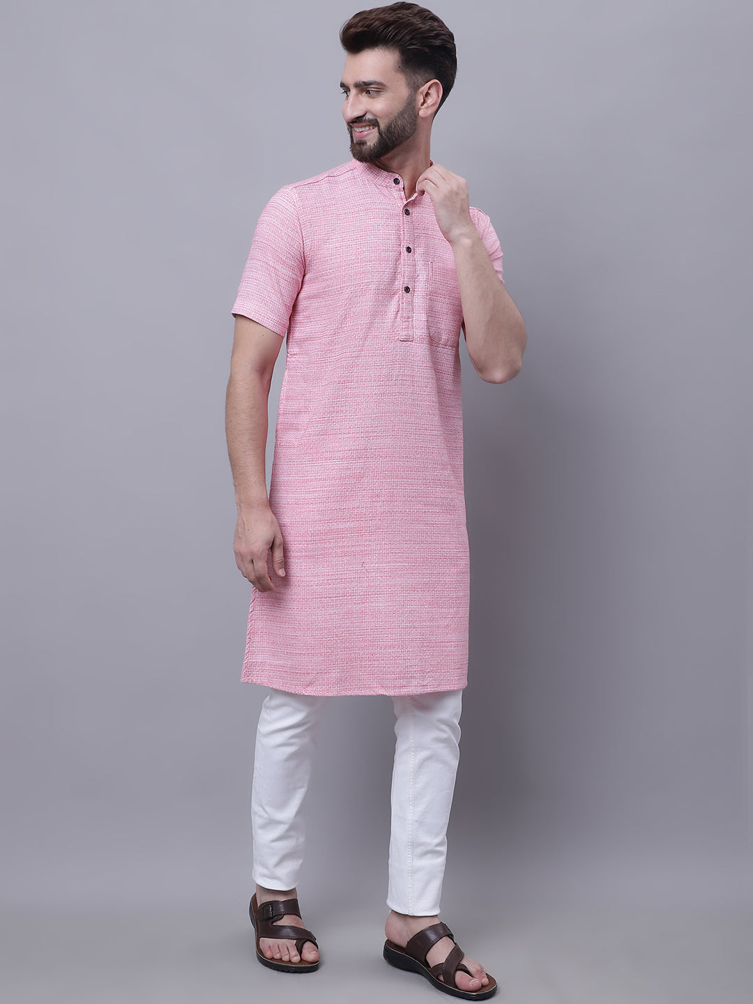 Even Apparels Pink Pure Cotton Short Sleeves Kurta With Band Collar