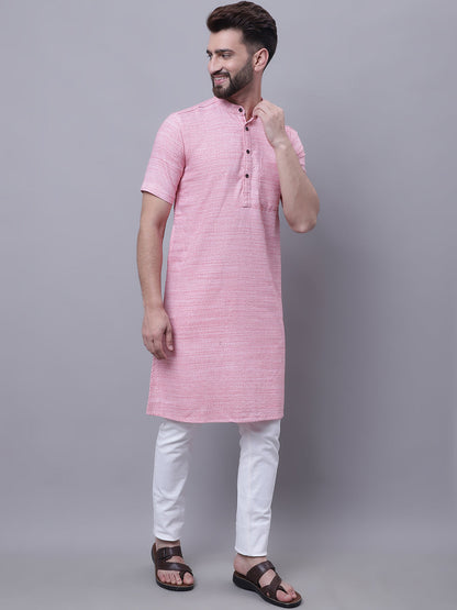 Even Apparels Pink Pure Cotton Short Sleeves Kurta With Band Collar