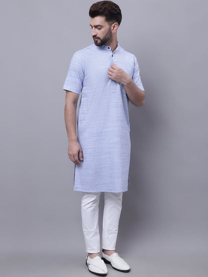 Even Apparels Blue Pure Cotton Short Sleeves Kurta With Band Collar