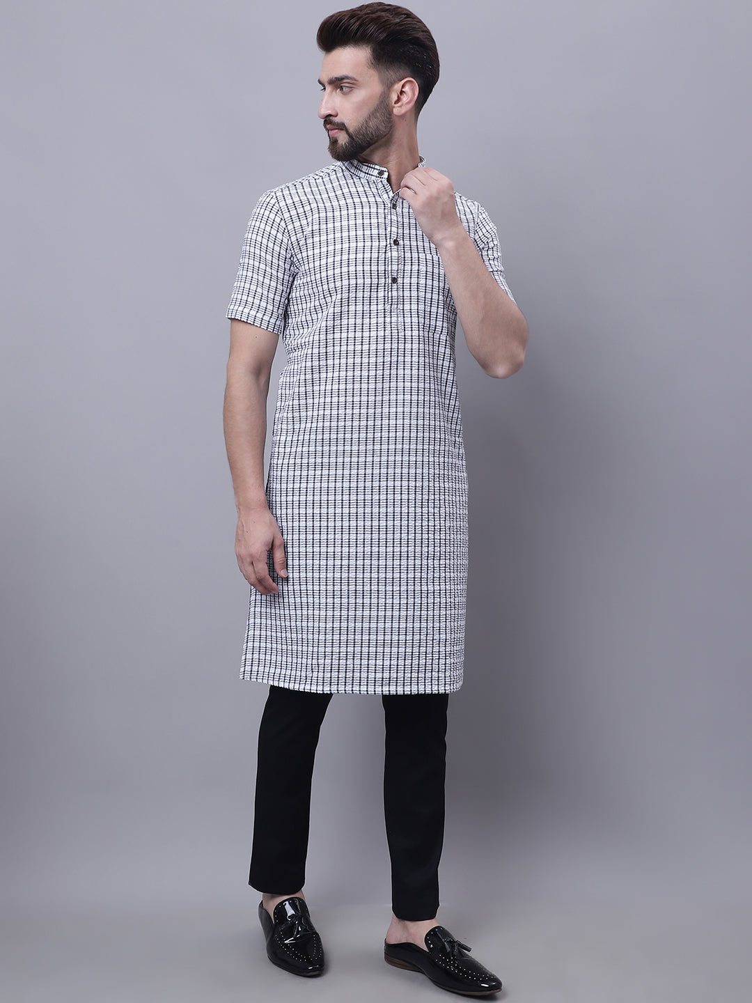 Even Apparels Multi Pure Cotton Short Sleeves Kurta With Band Collar