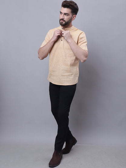 Even Apparels Beige Pure Cotton Short Kurta With Band Collar
