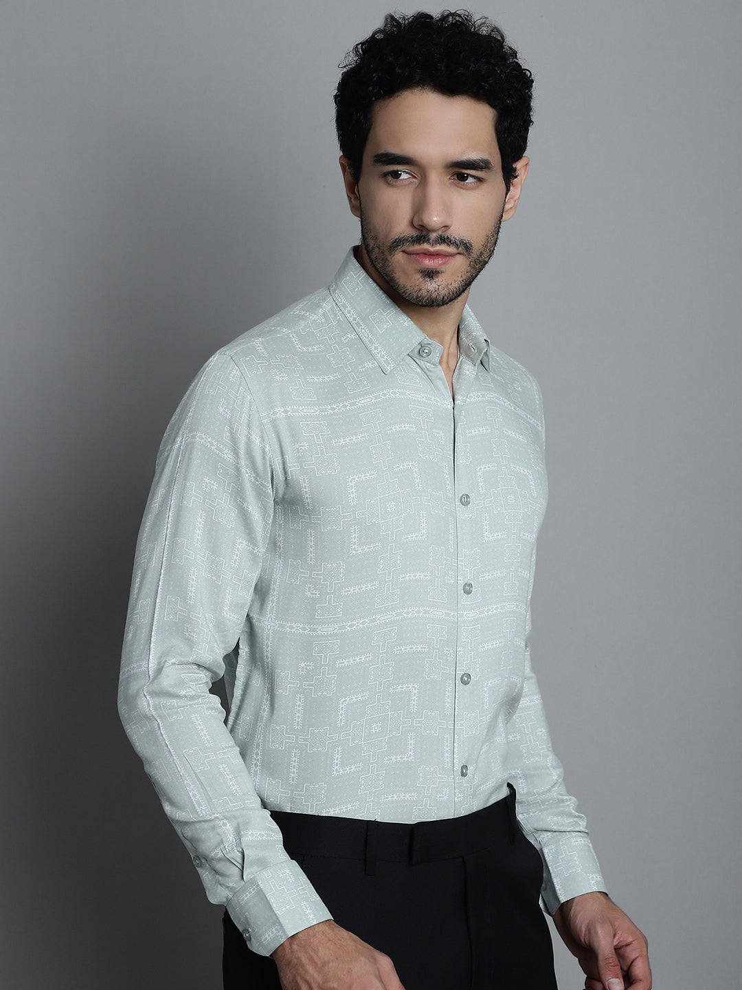 Jainish Men's Geomatric Printed Formal Shirts - Pista