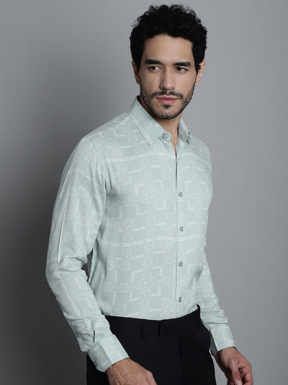 Jainish Men's Geomatric Printed Formal Shirts - Pista