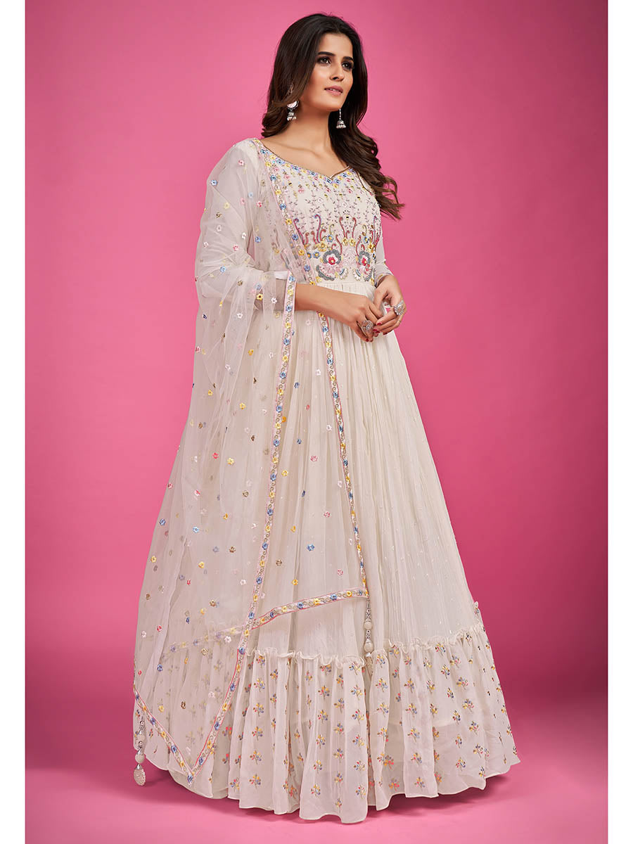 Myra White Pure Georgette Embroidered Gown