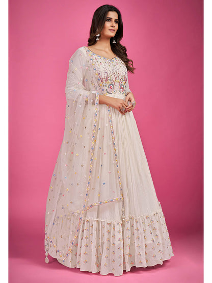 Myra White Pure Georgette Embroidered Gown