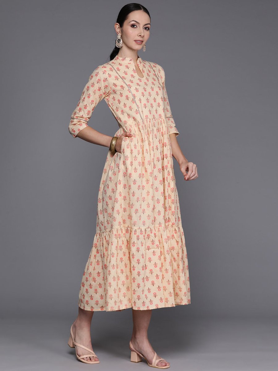 Ahalyaa Floral Print Mandarin Collar Tiered Midi Pure Cotton Ethnic Dress