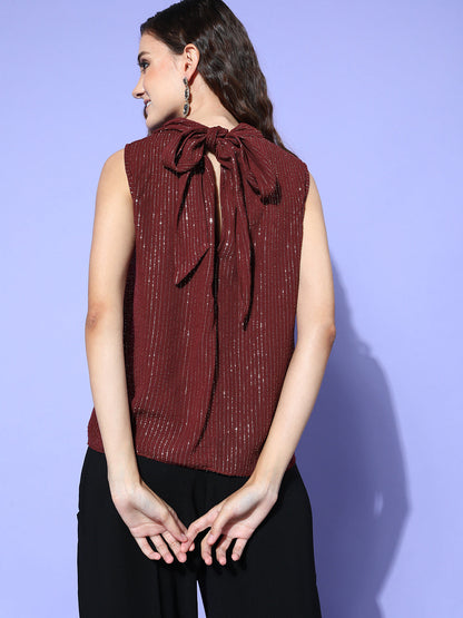 InWeave Women's Maroon Lurex Tie Up Top