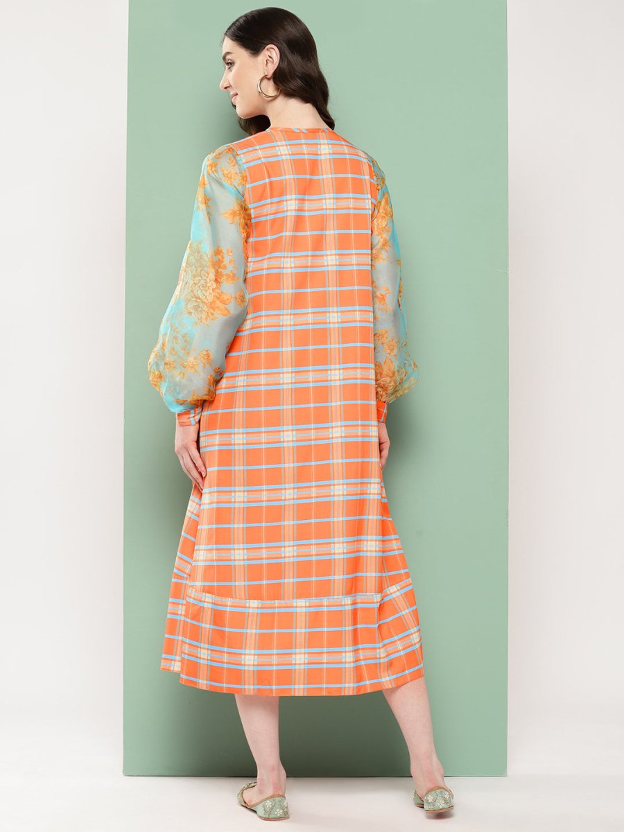 Ahalyaa Checked Tie-Up Neck Sequined Ethnic A-Line Midi Dress