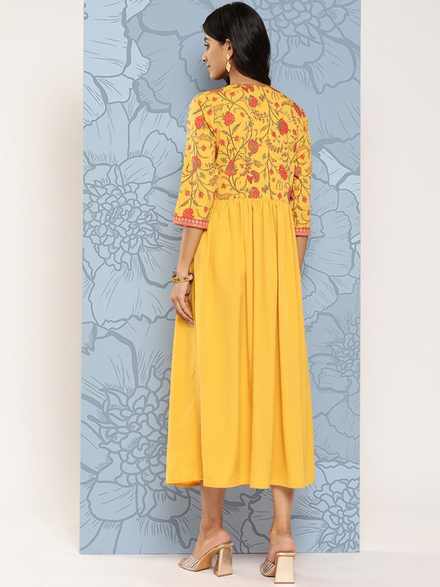 Ahalyaa Floral Print Crepe Empire Midi Ethnic Dress