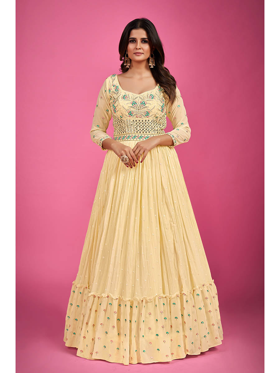 Myra Yellow Pure Georgette Embroidered Gown