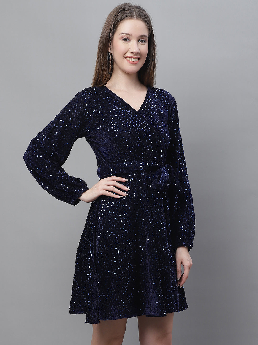 Jainish Women's WoSequin Velvet A-line dress - Navy Blue