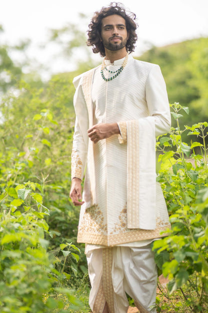 Cream Gold Designer Men's Sherwani by Hilo Design