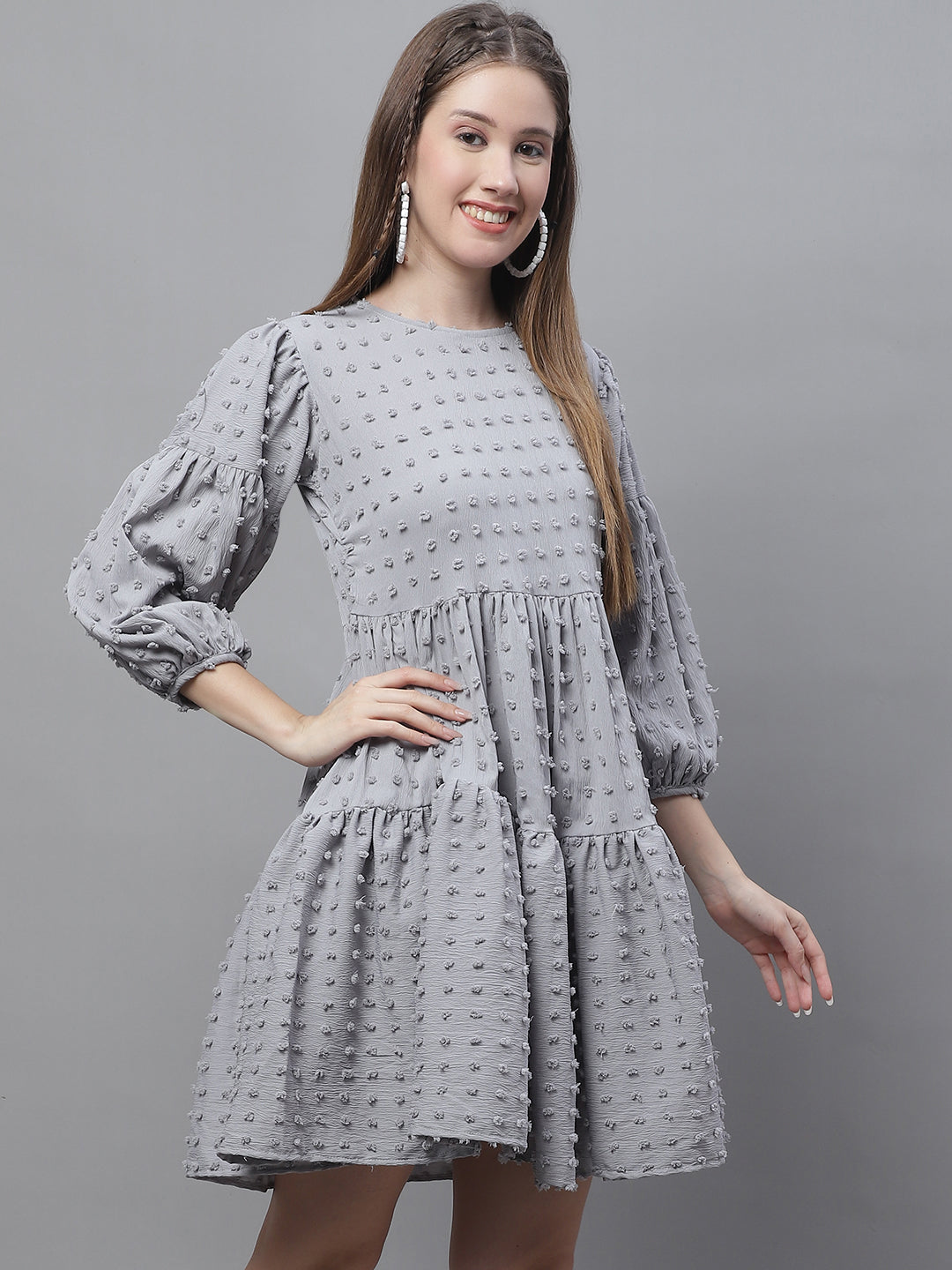 Jainish Women's Peach Self Design Tiered Dress