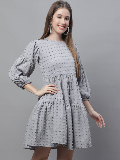 Jainish Women's Peach Self Design Tiered Dress