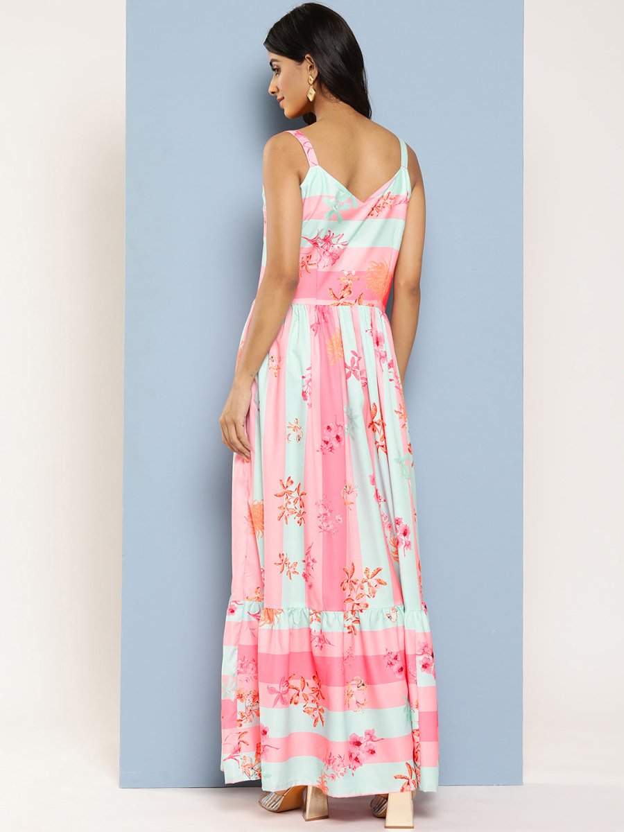 Ahalyaa Striped Floral Print Crepe Maxi Ethnic Dress