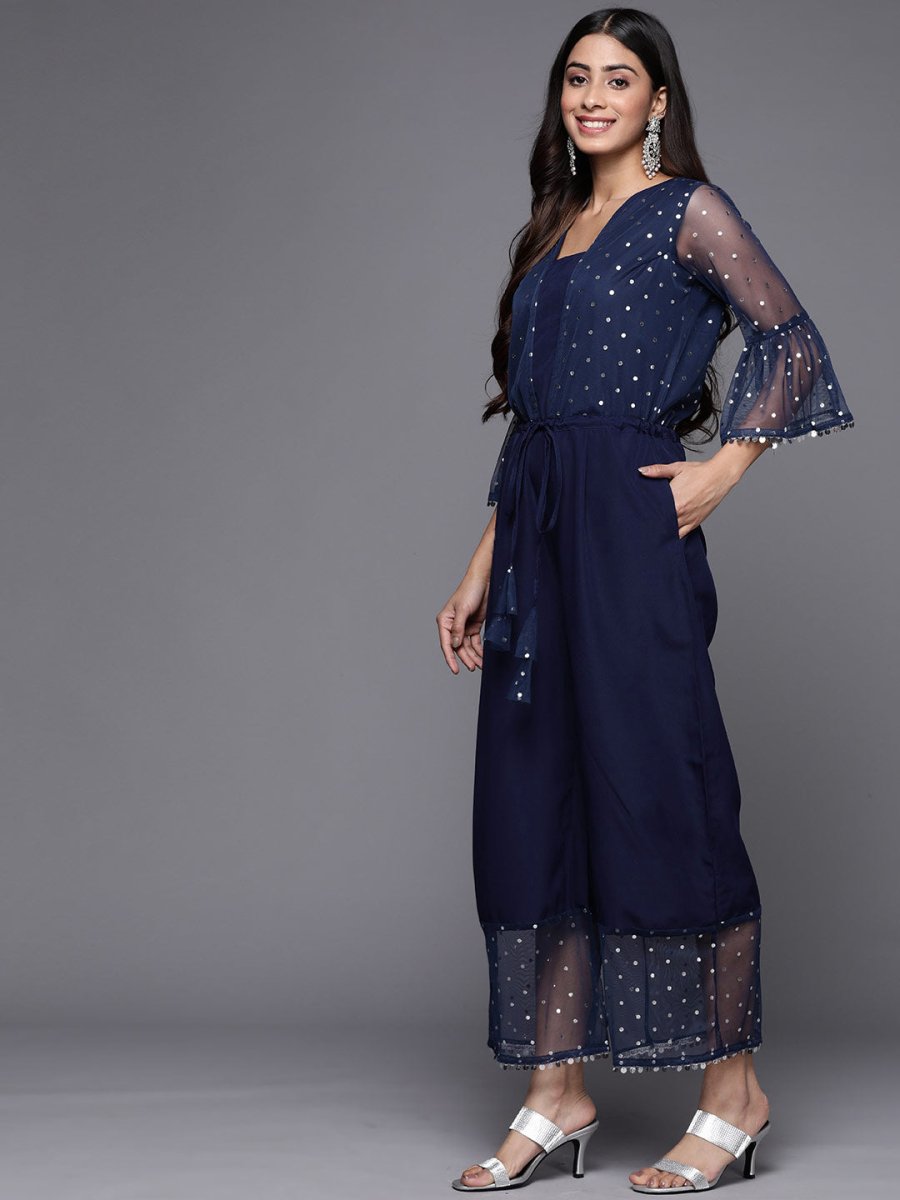 Ahalyaa Printed Bell Sleeves Crepe Basic Jumpsuit With Waist Tie-Ups