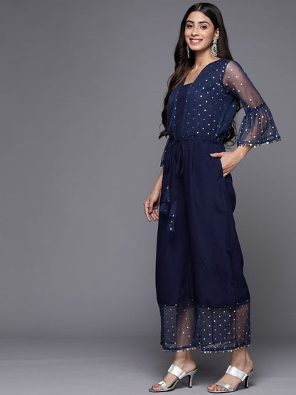Ahalyaa Printed Bell Sleeves Crepe Basic Jumpsuit With Waist Tie-Ups