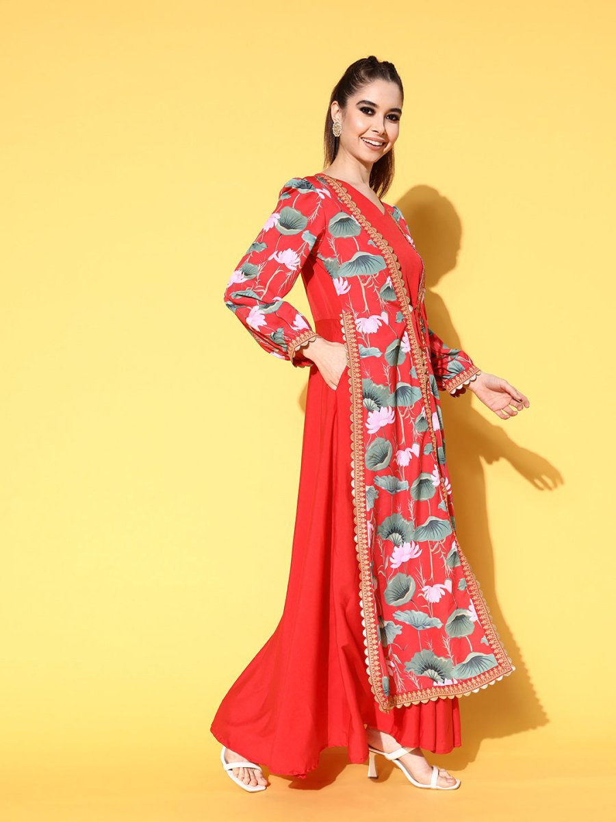 Ahalyaa Floral Printed Tie-Ups Maxi Ethnic Dress