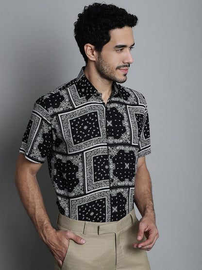 Jainish Men's Paisley Printed Formal Shirts - Black