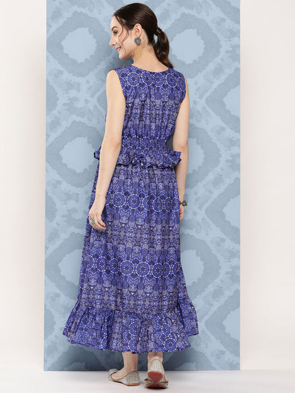 InWeave Women's Blue Floral Paisley Print Long Frill Dress