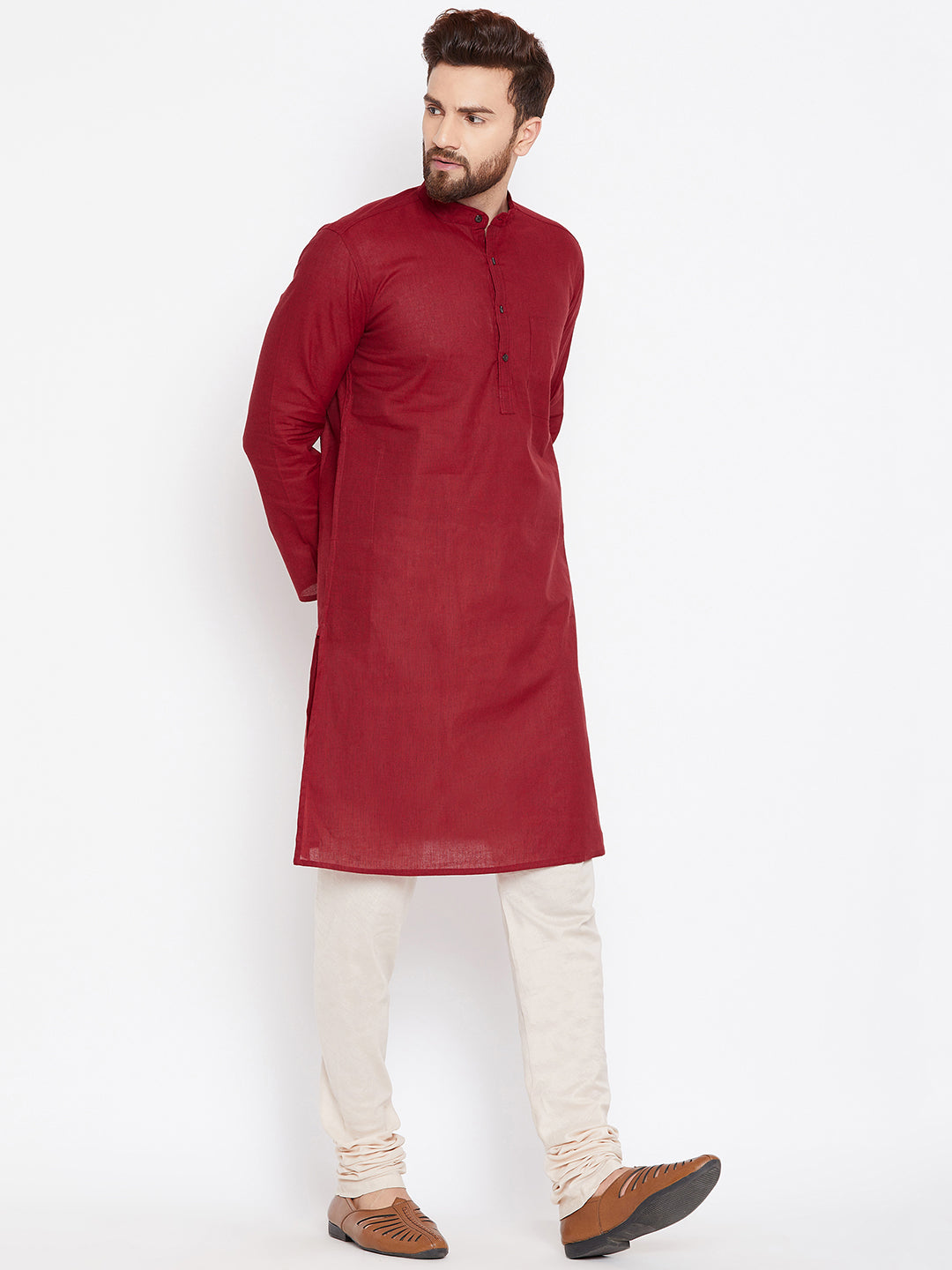 Even Apparels Maroon Pure Cotton Kurta With Band Collar