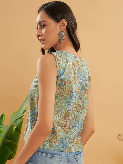 InWeave Dull Green Leaf Floral Print W/U Top