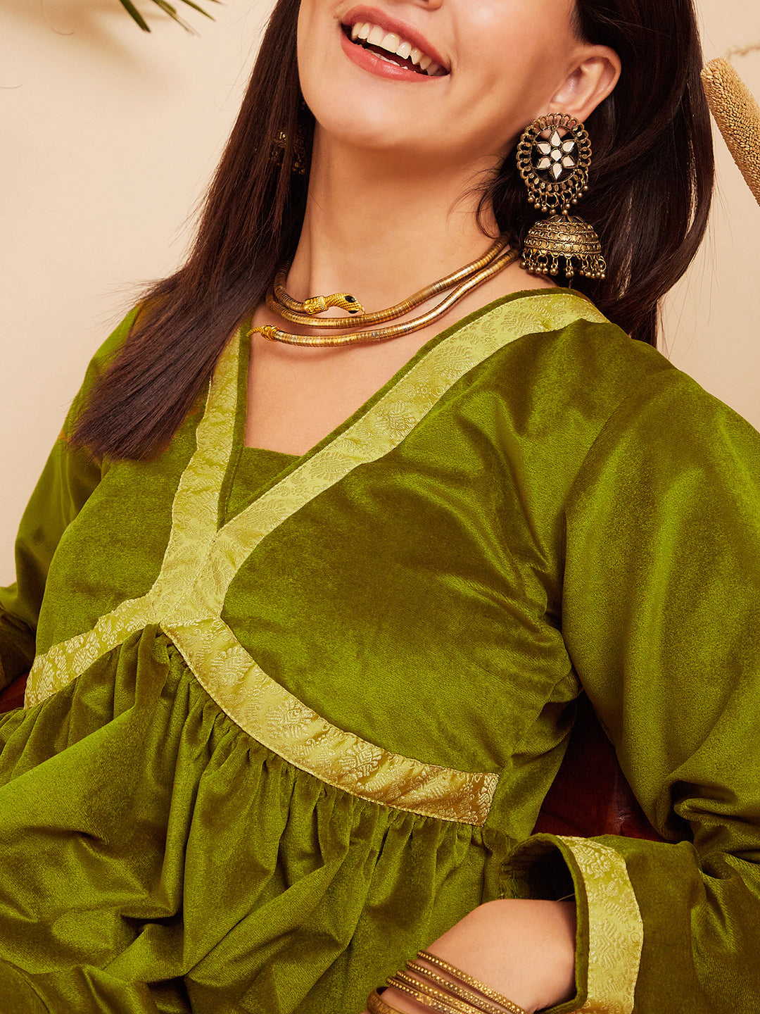 InWeave Women's Olive Mughal Shaan Style Velvet Short Kurta Set